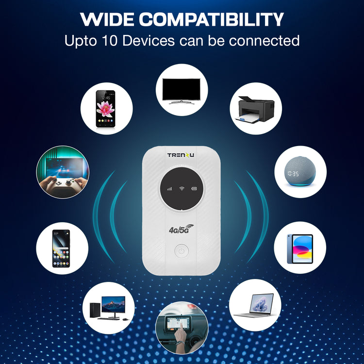 Trenzu 4G LTE Portable WiFi Hotspot Device | Pocket WiFi Dongle 5G/4G All Sim Support | Upto 150Mbps, 2100mAh Battery | Plug & Play Wireless Data Card WiFi Dongle with Sim Slot for Laptop & Travel