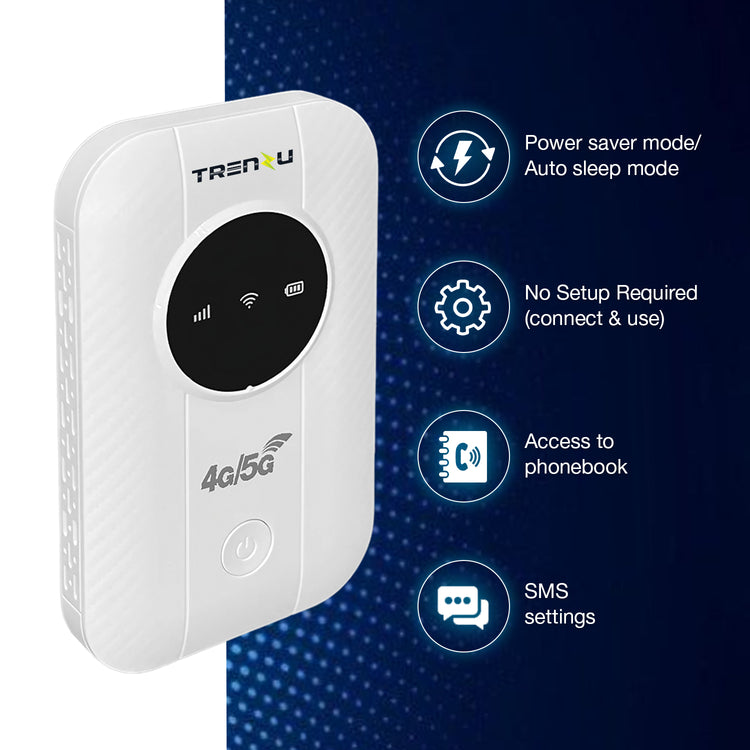 Trenzu 4G LTE Portable WiFi Hotspot Device | Pocket WiFi Dongle 5G/4G All Sim Support | Upto 150Mbps, 2100mAh Battery | Plug & Play Wireless Data Card WiFi Dongle with Sim Slot for Laptop & Travel