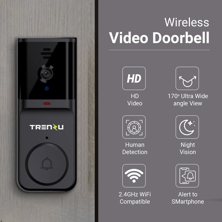 trenzu Smart WiFi Video Doorbell | Calling Ring Door Bell Wireless | Two-Way Audio, HD Resolution, Night Vision, Motion Detection, Long Battery Life, App Control, Front Door Bell with Camera - Black