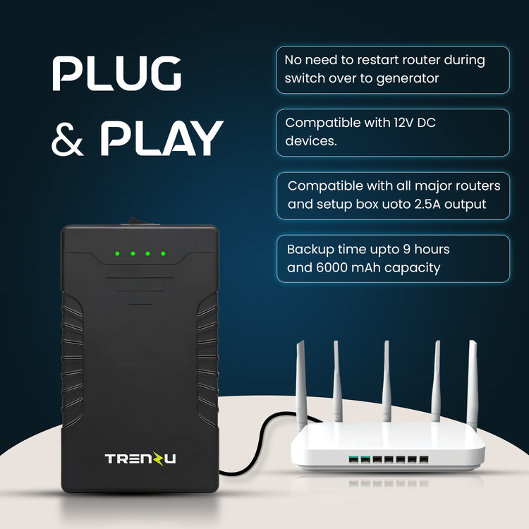 Trenzu WiFi UPS Power Backup Upto 14hrs | 12V-2A, Universal Combability, All Routers, CCTV Camera, Jio Fiber, Modem, Setup Box | 6000mah Battery, 12 Months Warranty | Mini Ups for WiFi Router